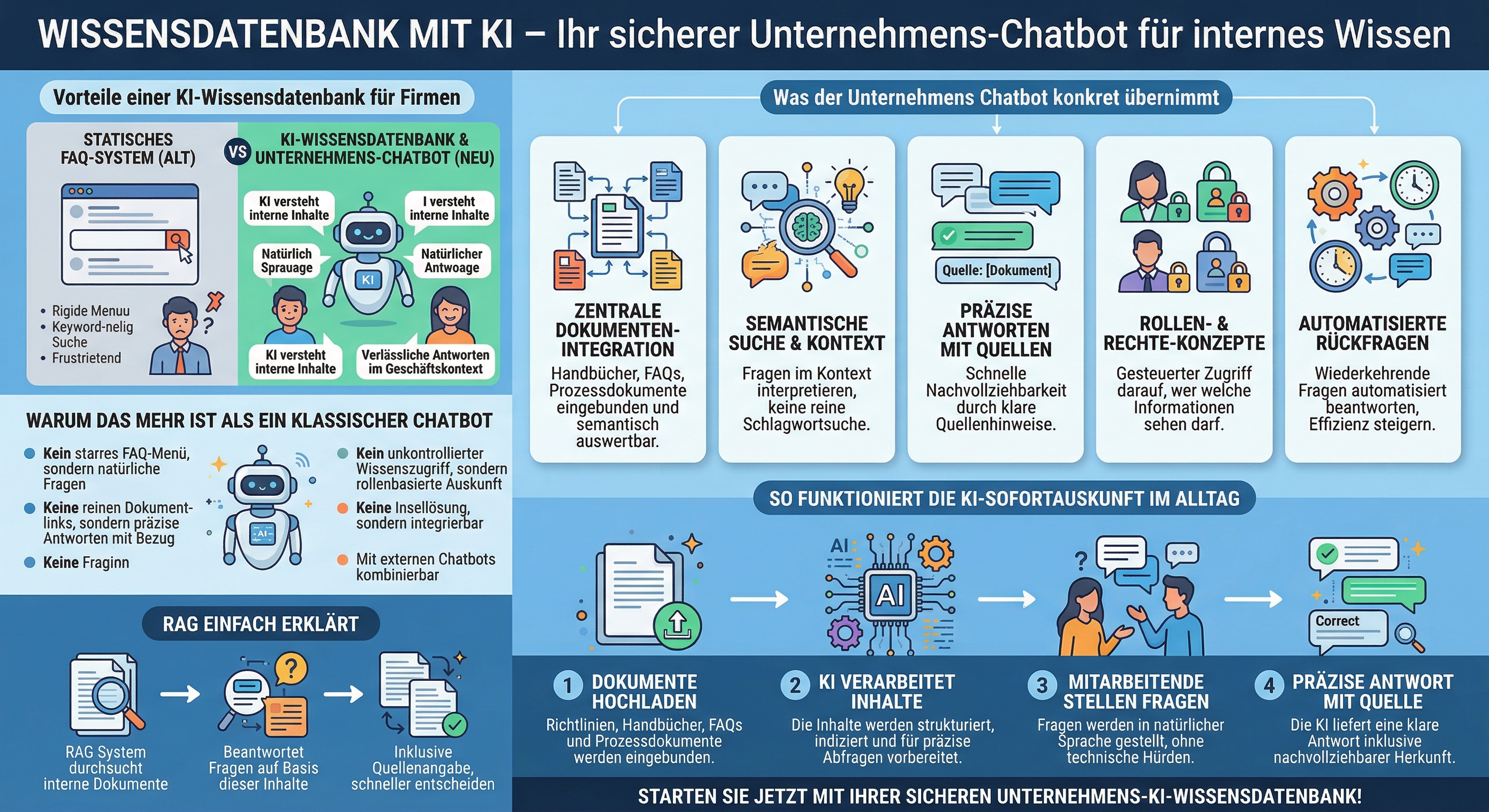 Infografik zur sicheren KI-Wissensdatenbank für Unternehmen mit Vorteilen, RAG-Funktionsweise und typischem Einsatzablauf