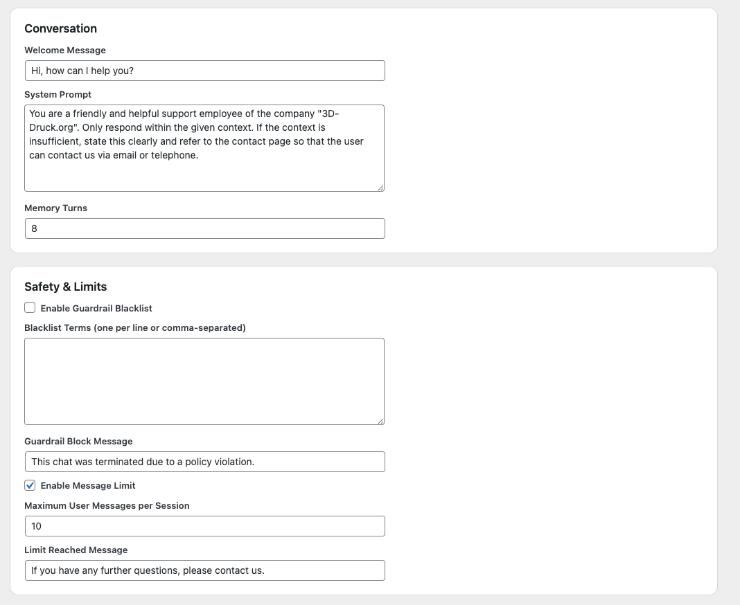 Chatverlauf im WordPress AI Chatbot Backend mit natürlicher Konversation und Quellenbezug