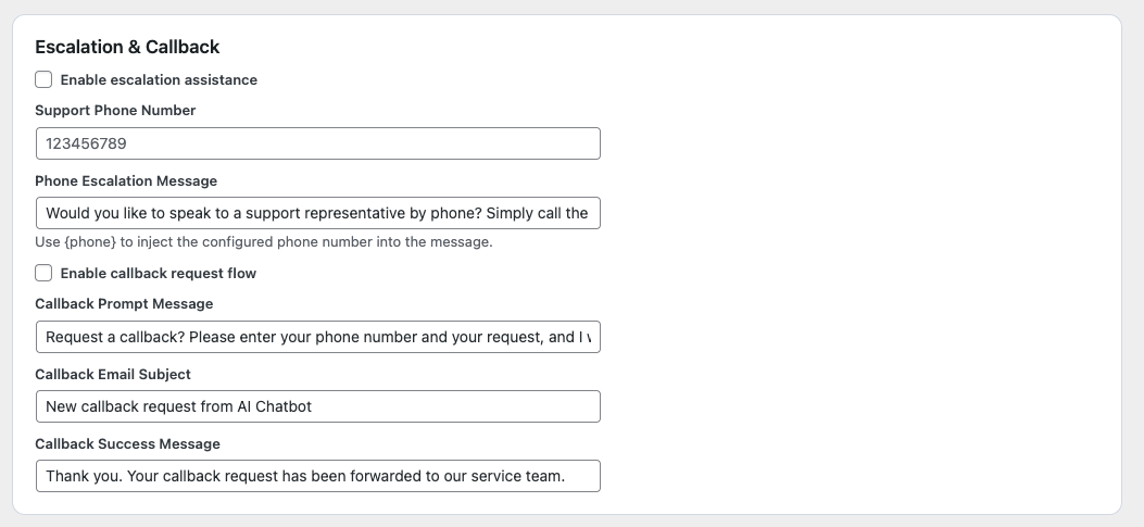 Backend-Optionen für Eskalation, Rückruf und Weiterleitung an Mitarbeiter im Chatbot Plugin