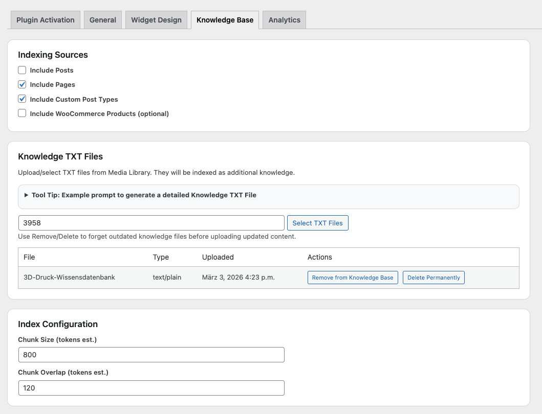 Konfiguration der Wissensdatenbank im WordPress AI Chatbot Plugin mit RAG-Parametern