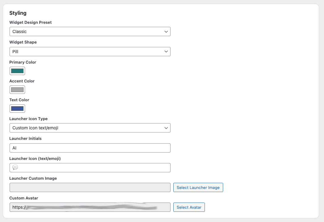 Design-Einstellungen für Farben und visuelle Anpassung des WordPress Chatbot Widgets