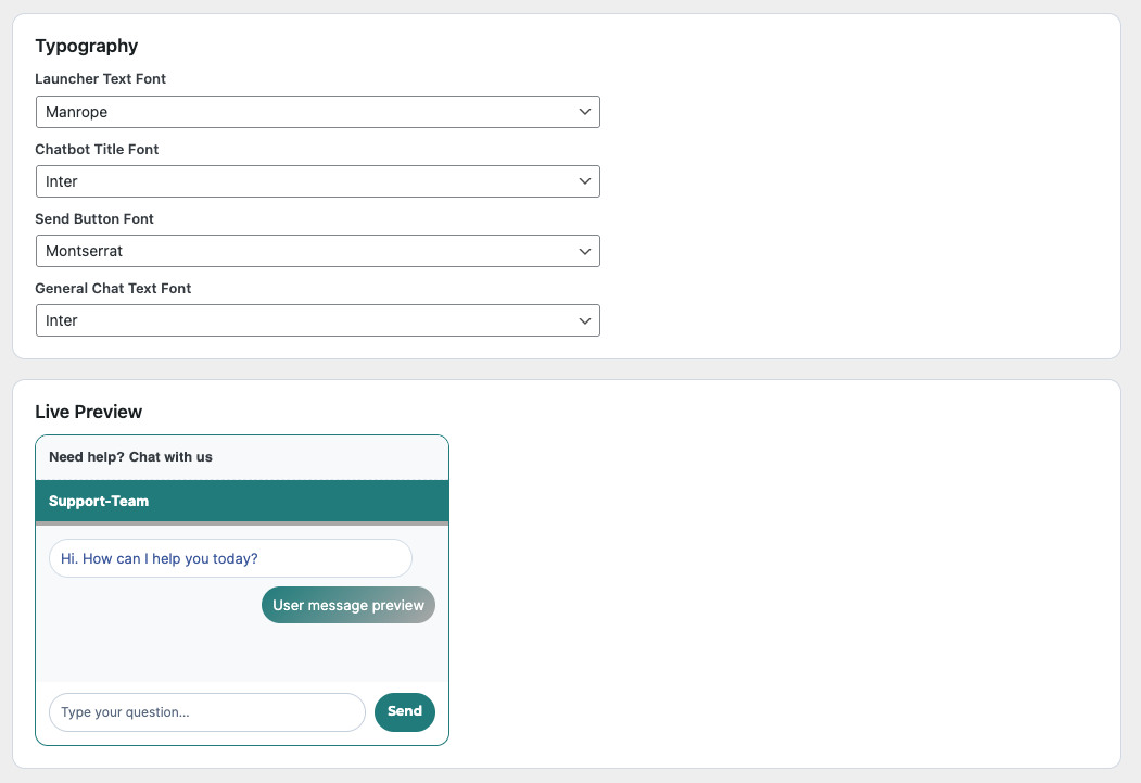 Typography- und Schriftarten-Einstellungen für das WordPress AI Chatbot Widget