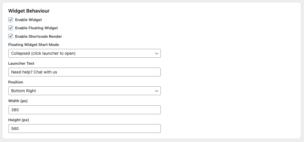 Optionen zum Verhalten des Chat-Widgets wie Position, Öffnungslogik und Interaktion