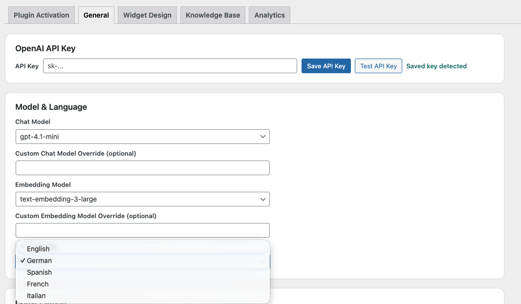 Sprachkonfiguration des WordPress AI Chatbot Plugins für mehrsprachige Antworten