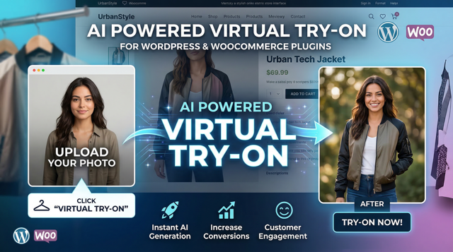 AI Virtual Try-On Plugin für WooCommerce auf einer Produktseite mit digitaler Kleideranprobe