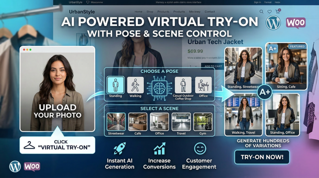 Auswahl verschiedener Posen im AI Virtual Try-On Plugin für realistische Outfit-Vorschauen
