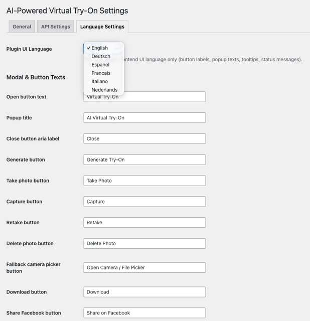 Spracheinstellungen im AI Virtual Try-On Plugin Backend für WooCommerce mit Auswahl der Frontend-Sprache
