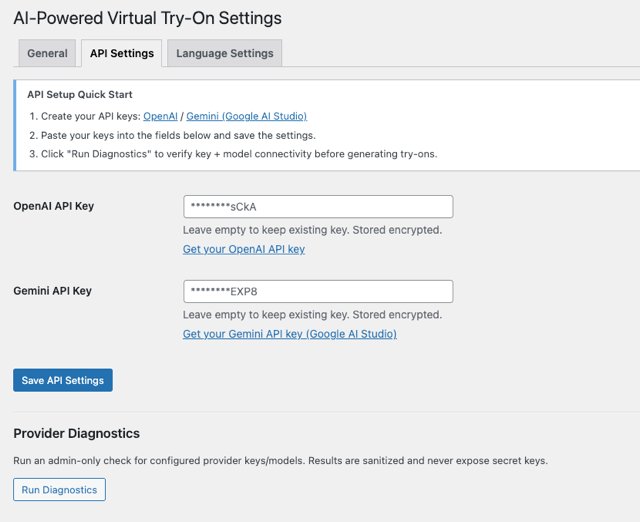 API Settings im AI Virtual Try-On WooCommerce Plugin zur Konfiguration von OpenAI und Gemini