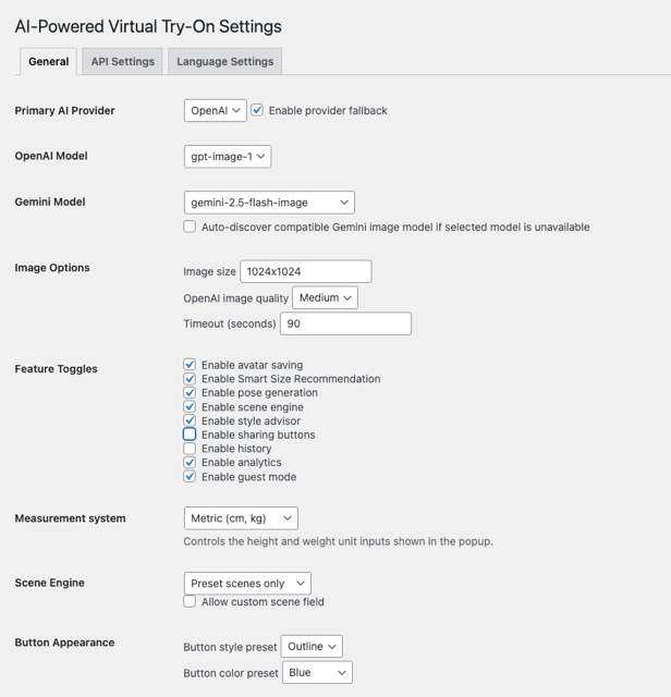 Allgemeine Backend Einstellungen im AI Virtual Try-On Plugin für WooCommerce mit zentralen Konfigurationsfeldern