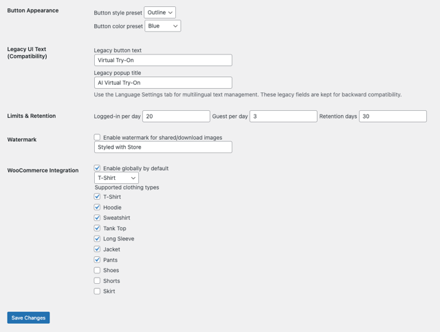 Weitere WooCommerce Plugin Einstellungen für AI Virtual Try-On mit Optionen zu Darstellung und Shop-Verhalten